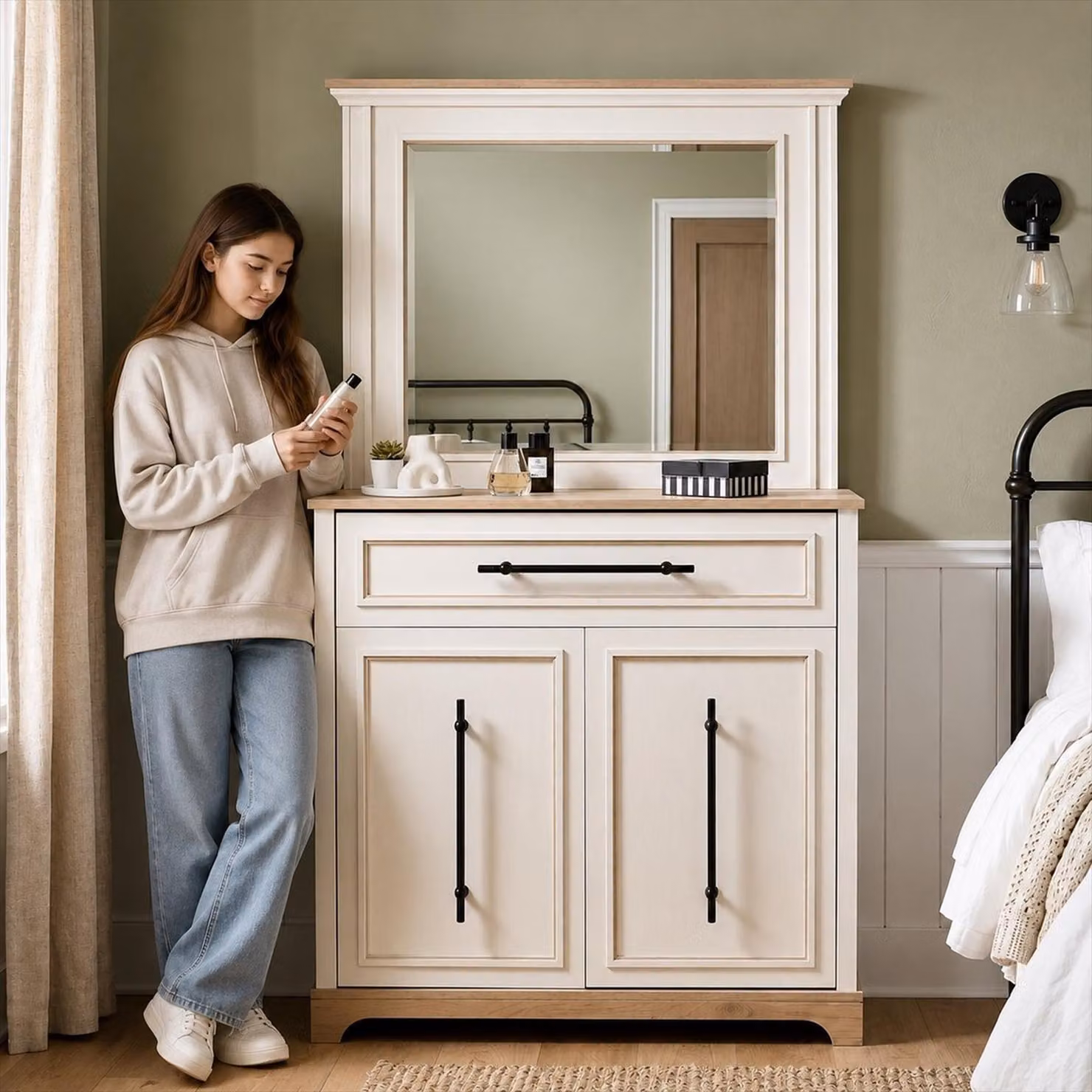 Kommode Sideboard Beige Holz Spiegel Schublade Türen Modern Stauraum