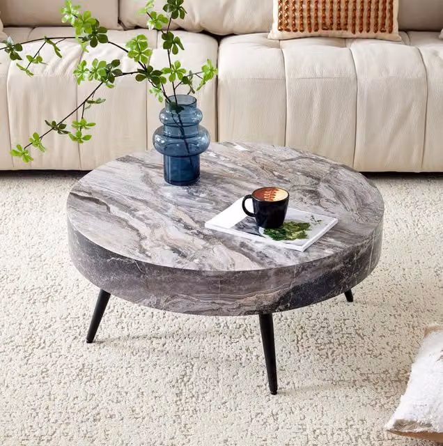 Tavolino da caffè rotondo Ø 70 cm in MDF effetto marmo grigio con gambe nere
