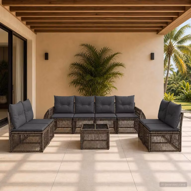 Maison Exclusive - Set da giardino composto da 9 pezzi. Divano e poltrone in rattan sintetico, colore grigio e grigio scuro