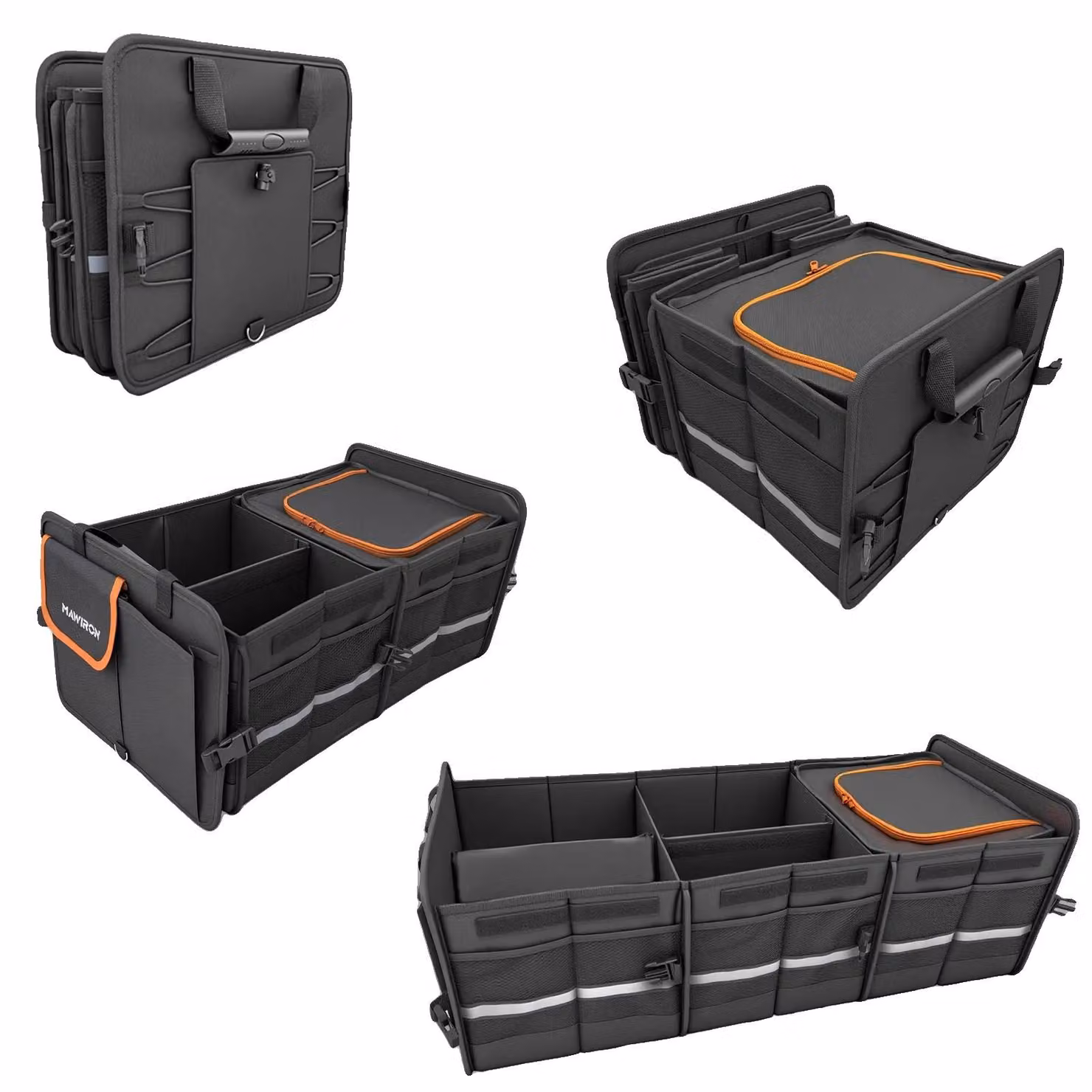 Contenitore portaoggetti per il bagagliaio, realizzato in poliestere, dimensioni 65 x 30 x 25 cm, capacità fino a 23 kg, tessuto impermeabile, divisorio removibile
