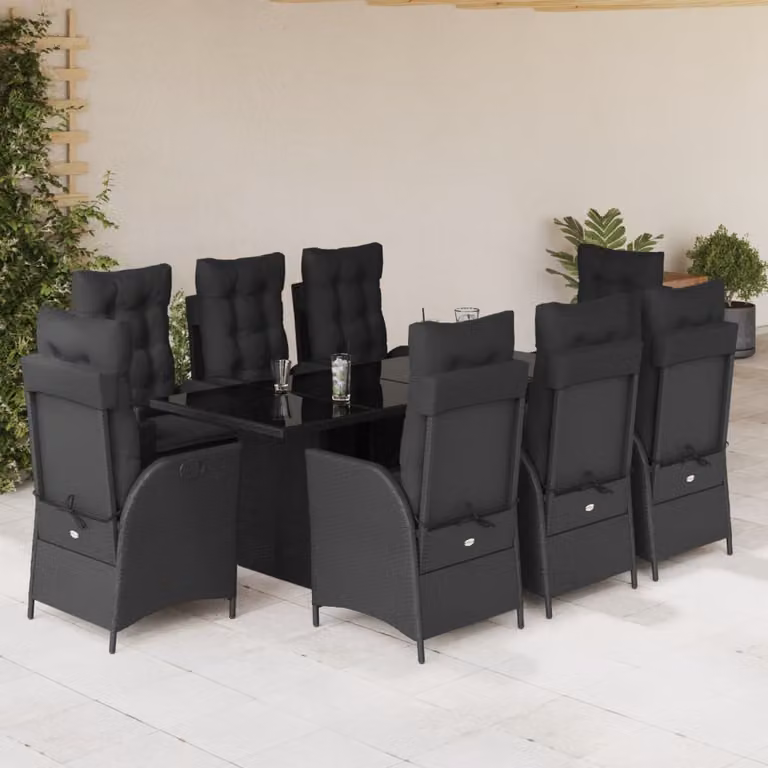Set da pranzo da giardino vidaXL in polyrattan nero con cuscini e piano in vetro per 9 persone