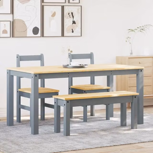 Set da Pranzo 4 pz Panama Grigio in Legno Massello di Pino 3345177