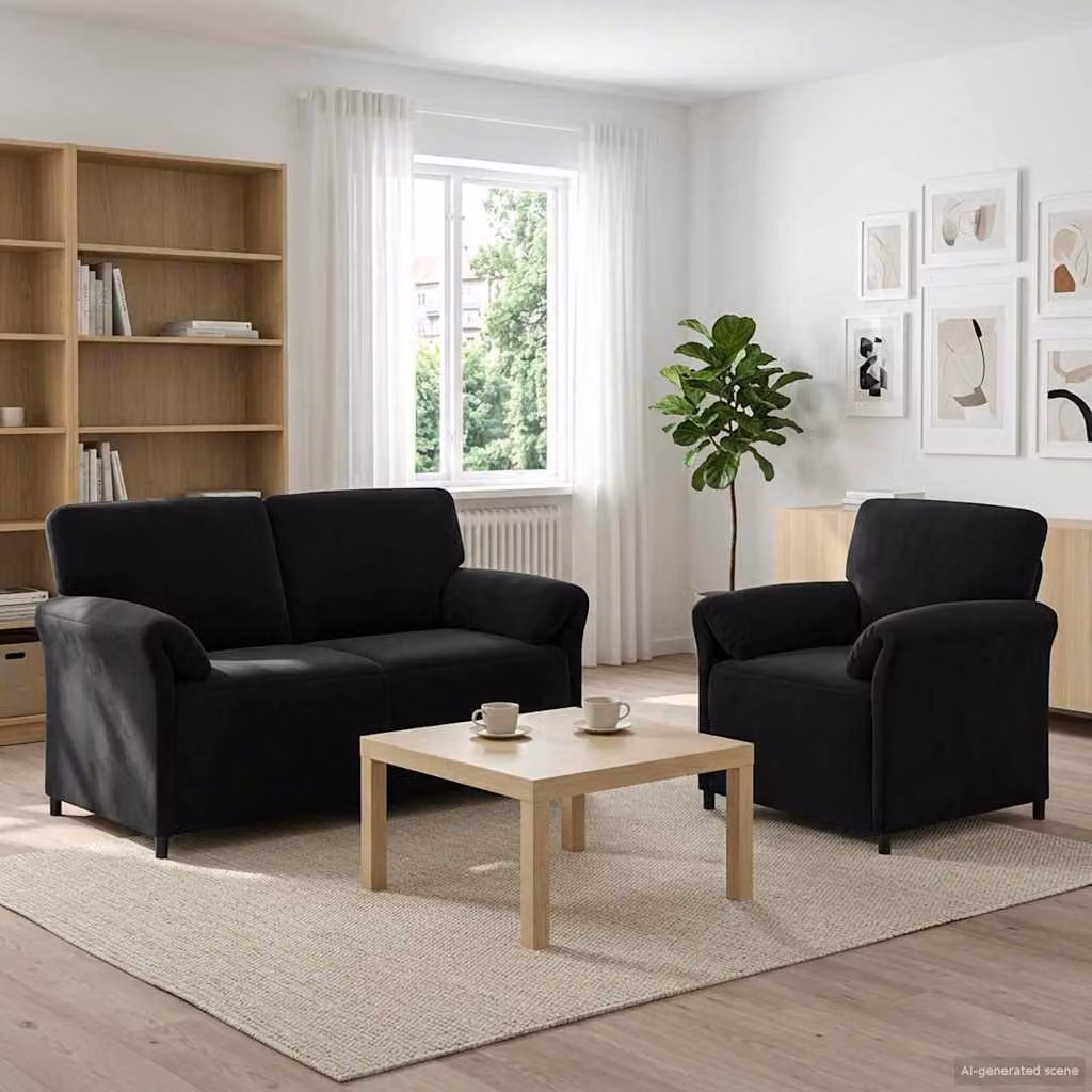 Set di 2 divani moderni vidaXL in velluto nero con struttura in metallo e cuscini inclusi