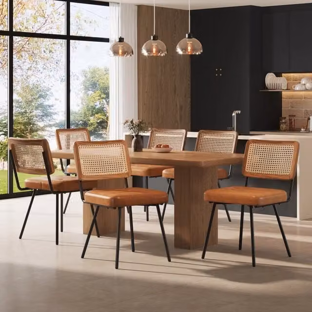 Sedia da pranzo ergonomica WISHDOR in ecopelle e rattan con gambe in metallo, marrone – 1