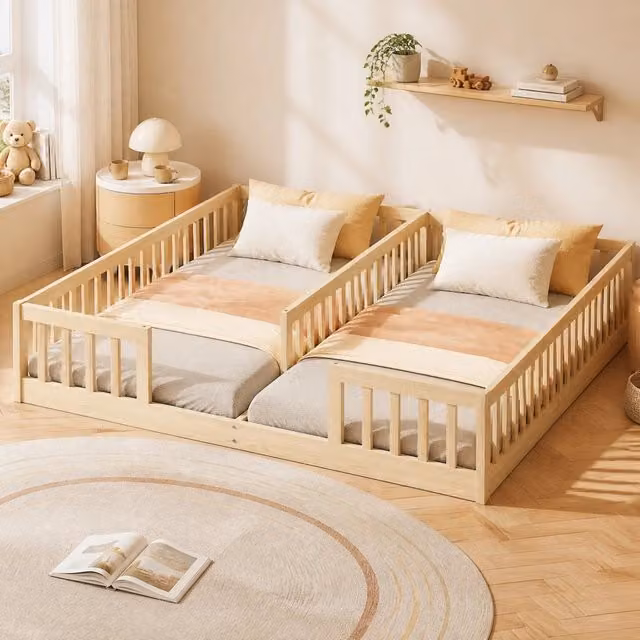 Letto basso per bambini con parapetti e rete a doghe 90x200 cm x2; pino naturale