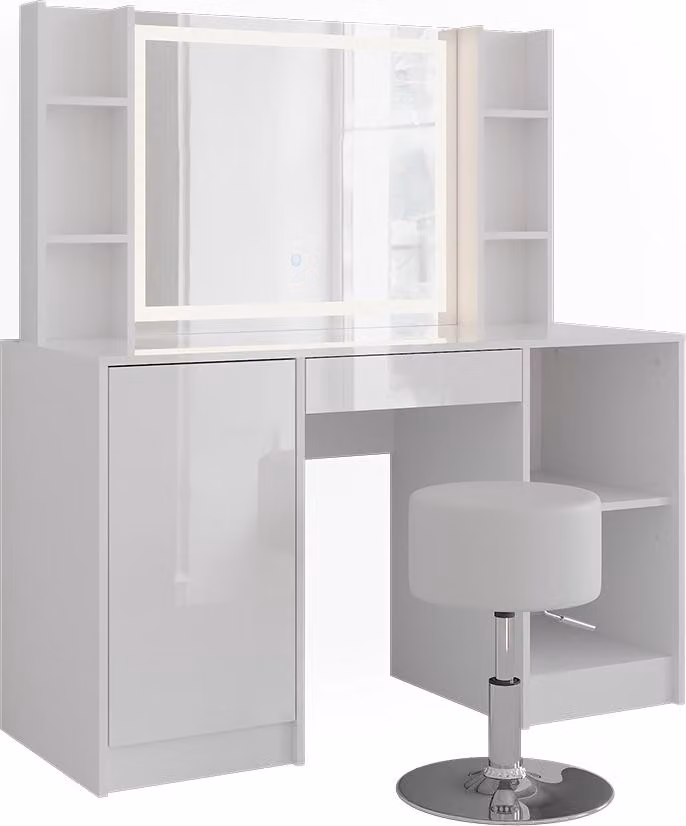 Tavolo da toeletta Vicco Sherry Bianco/Bianco lucido 128.2 cm con specchio LED e sgabello, Model 57626