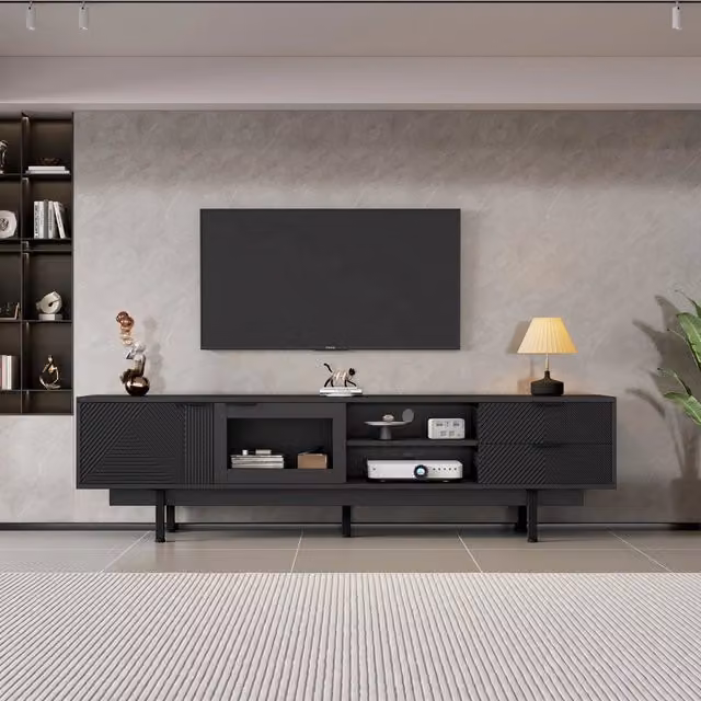 Mobile TV nero 200x40x50,5 cm con 2 ante e 2 cassetti, portata 45 kg, per TV fino a 80 pollici