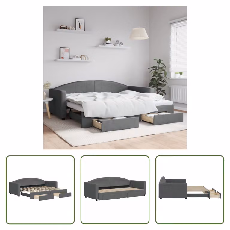 The Living Store Letto da giorno allungabile con cassetti grigio scuro 90x200 cm in tessuto