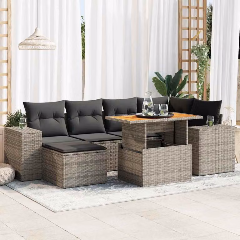 Set di divani da giardino vidaXL in polyrattan grigio con 7 pezzi, include tavolino, pouf e cuscini con coperture rimovibili