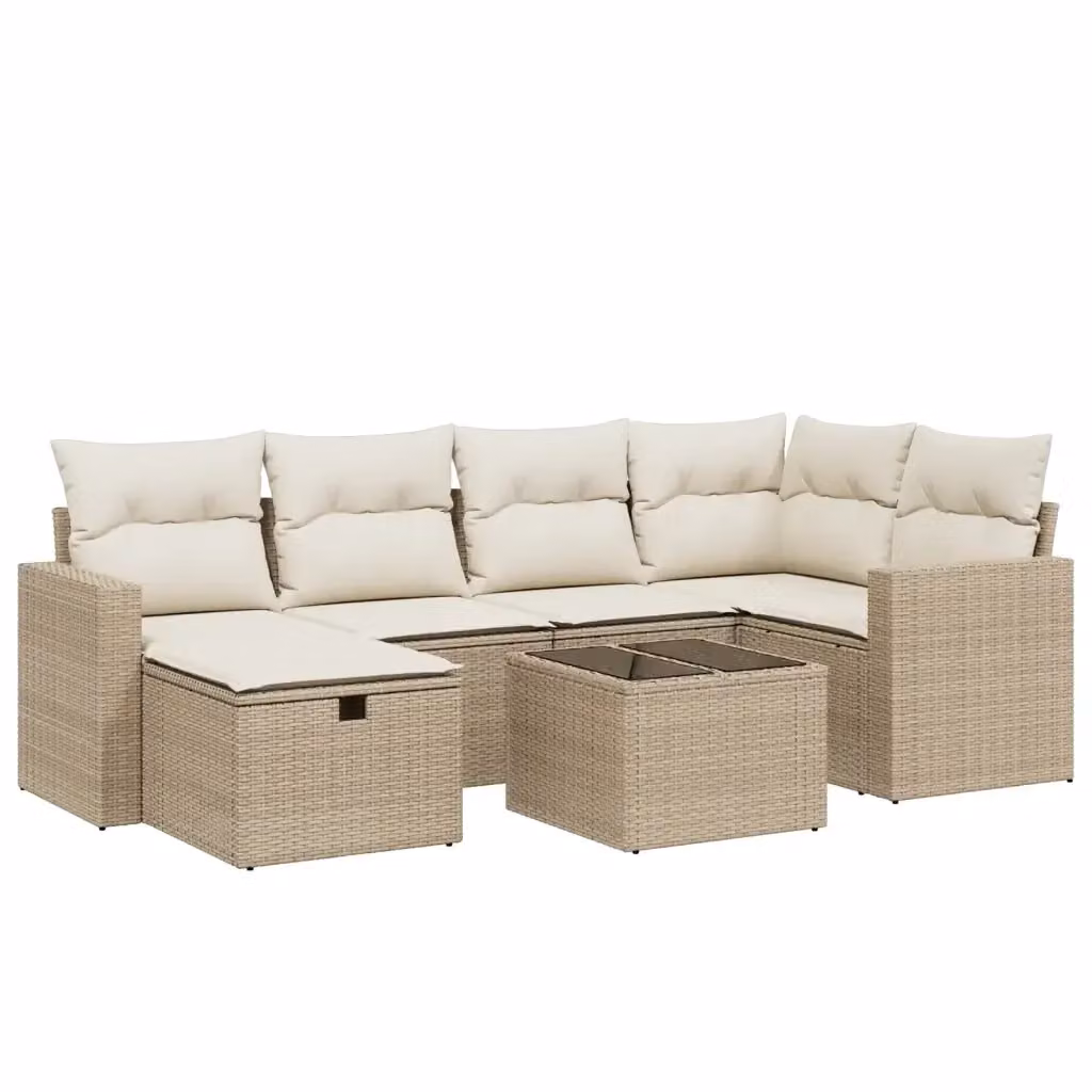 vidaXL Set Divani da Giardino 7 pz a Forma a L con Cuscini Beige e Tavolino in Polyrattan e Acciaio – 2