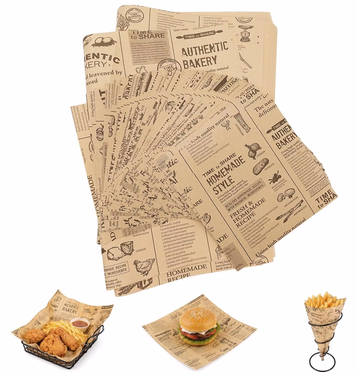 Carta da forno, 150 pezzi, dimensioni 38x28 cm e 15x15 cm, resistente agli oli, aspetto simile alla carta da giornale