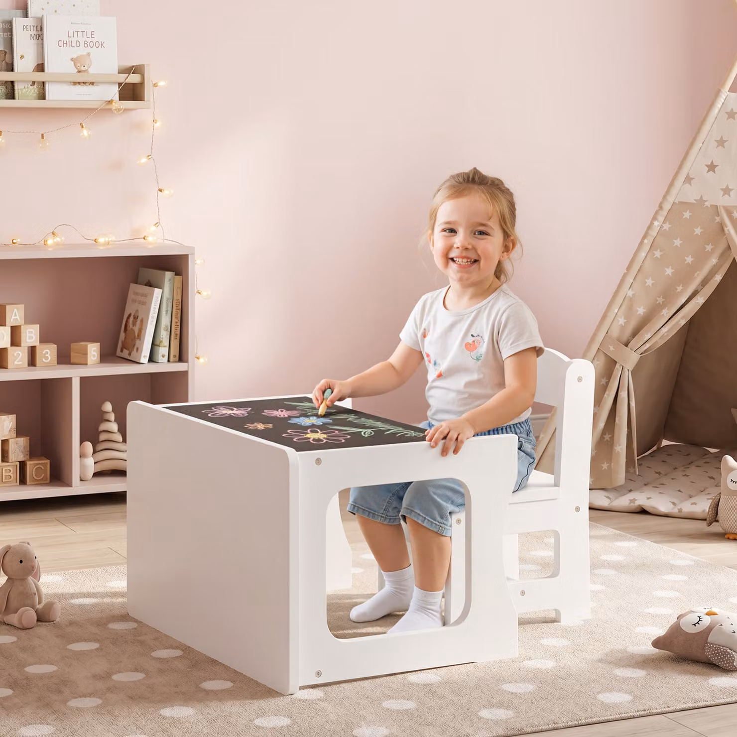 Set Tavolo e Sedie AIYAPLAY per Bambini dai 3 ai 6 Anni in Legno Bianco con Piano Reversibile e Angoli Arrotondati – 2