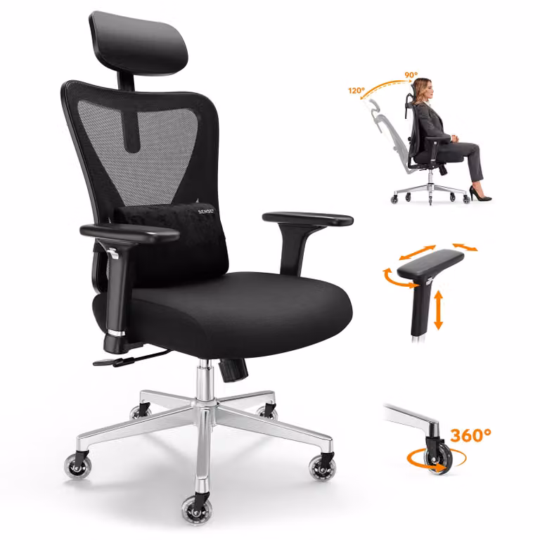SENSE7 KANO: Sedia ergonomica per ufficio, sedia da scrivania, poltrona direzionale in mesh con supporto lombare, poggiatesta regolabile in 2 dimensioni, portata massima 150 kg, ruote in PU, ideale per l'ufficio domestico, colore nero