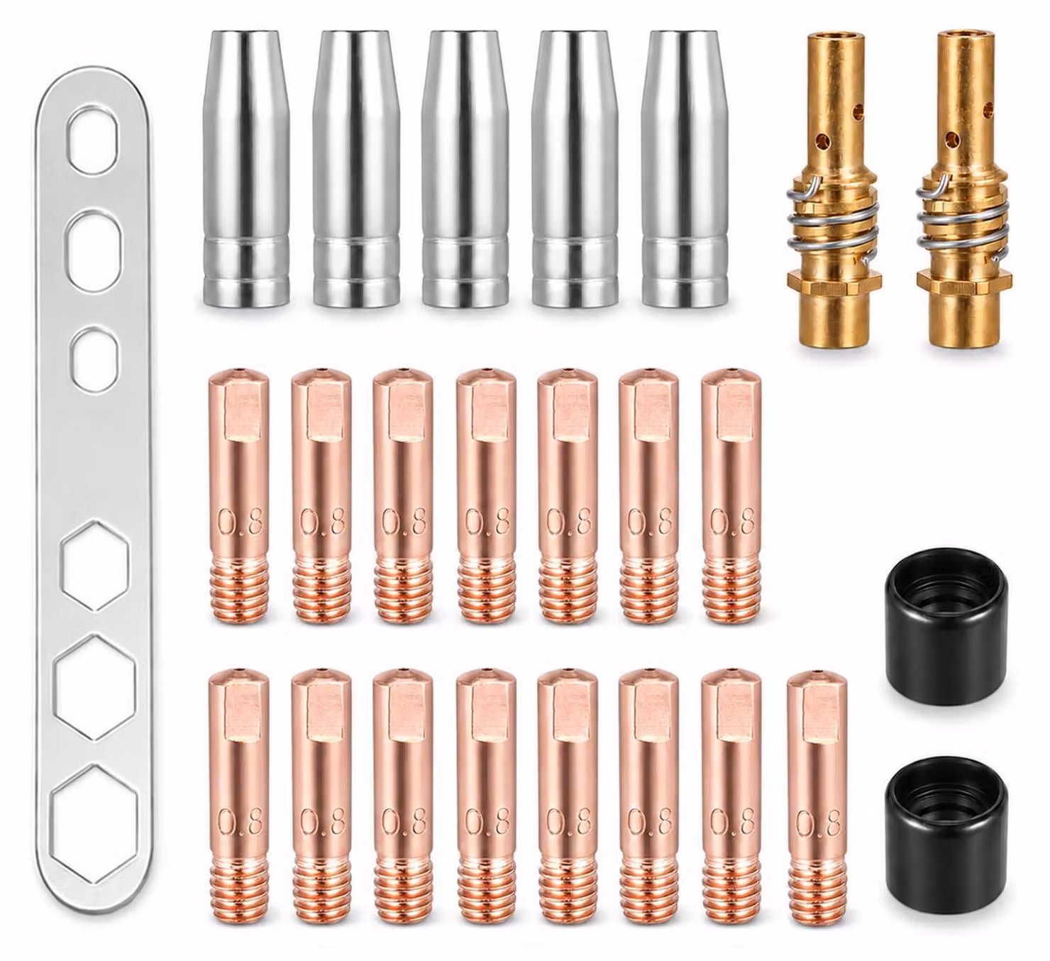 Set di accessori per saldatura MIG/MAG composto da 25 pezzi, comprensivo di 5 ugelli per gas e 15 elettrodi di contatto M6 da 0,8 mm
