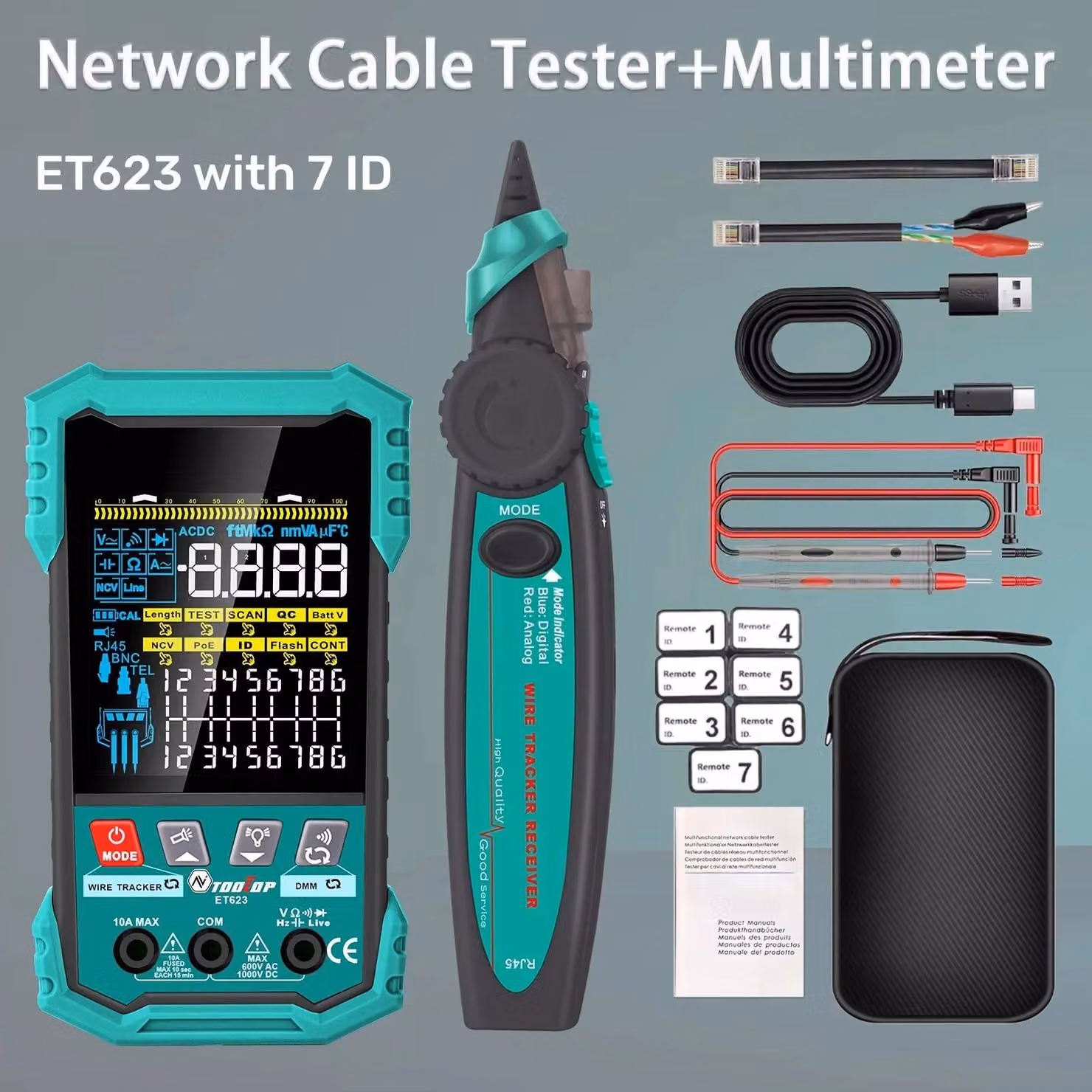 Tester per cavi di rete - ET623 con 7 trasmettitori ID - Portata di test fino a 400 metri - Multimetro digitale - Test PoE - Identificazione dei cavi - Display LCD a colori da 8,1 cm - Batteria ricaricabile al litio