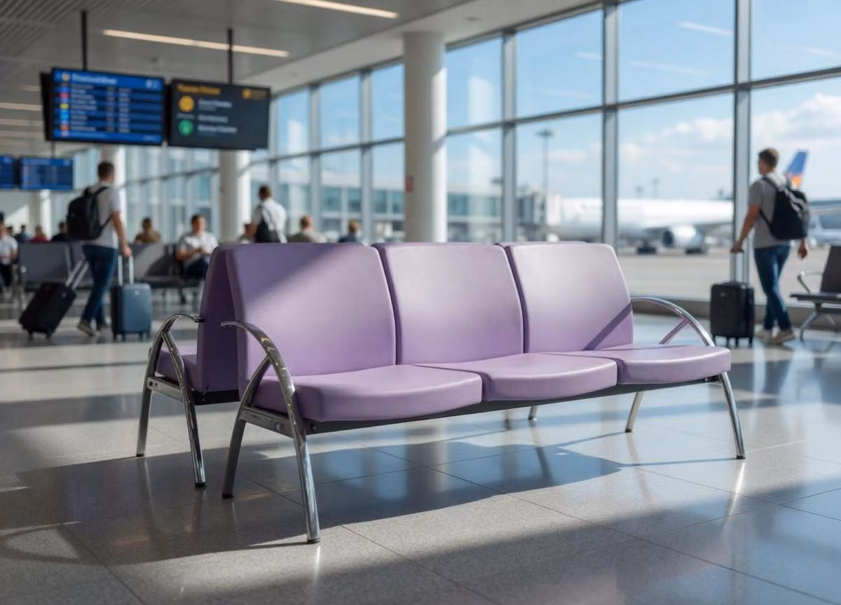 Sedia da ufficio a tre posti, viola, con struttura cromata e comoda