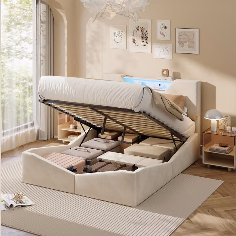 Letto matrimoniale a gas ProximaX 140x200 cm con vano contenitore nascosto nella testiera e morbido rivestimento in velluto per la tua camera da letto, beige