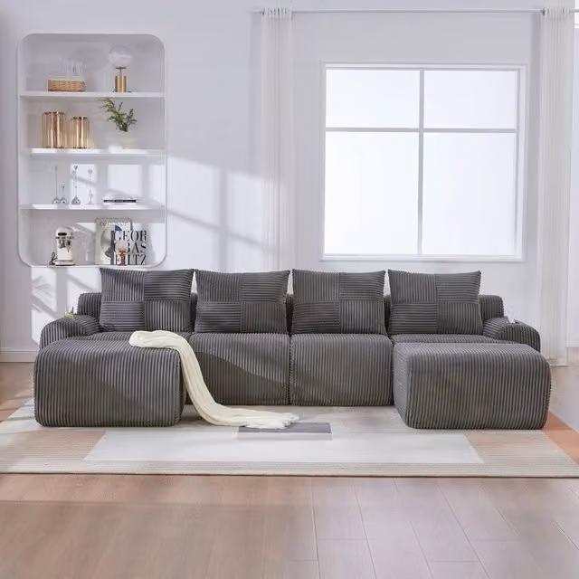 Divano 4 posti con poggiapiedi ¨C Minimal ¨C Grigio scuro tessuto con tasche portaoggetti e portabibite
