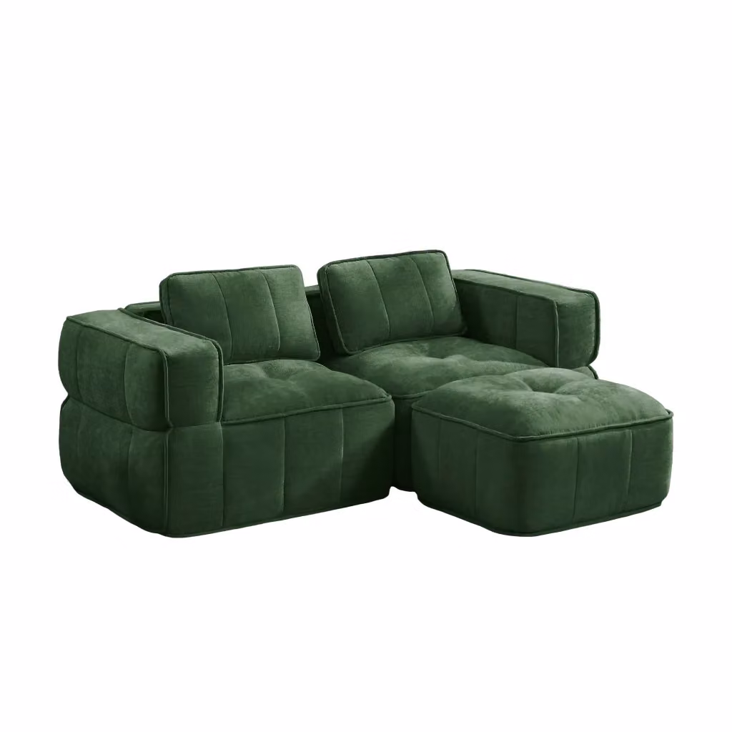 Divano angolare modulare moderno verde con pouf coordinato per soggiorno, seduta profonda in tessuto e schiuma, orientamento a sinistra, L/P/H: 198 x 67 x 67 cm – 2