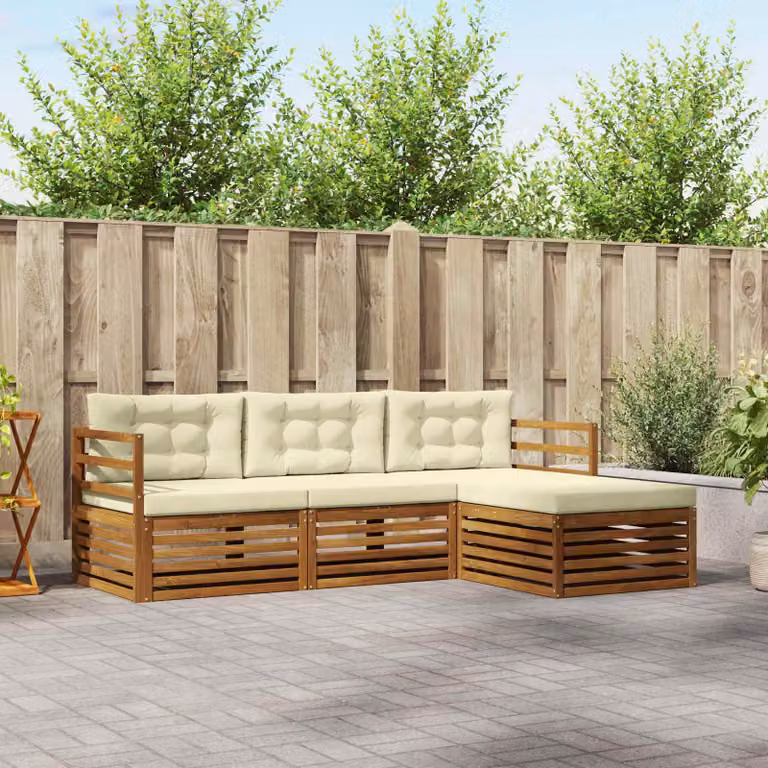 Set di divani da esterno vidaXL a forma di L con pouf, struttura in legno di acacia e cuscini beige e bianchi