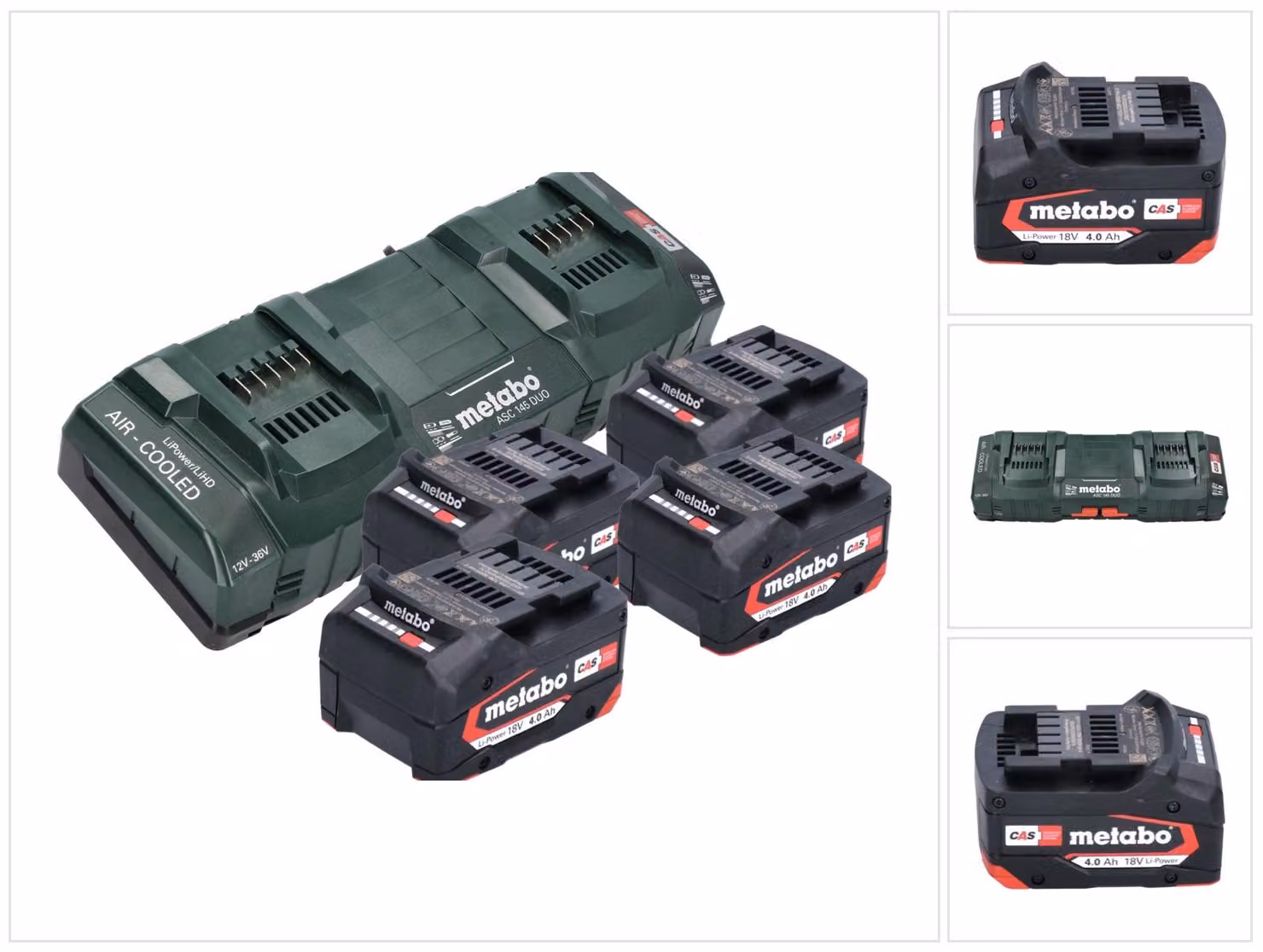 Set base Metabo 4x batterie Li-Power 18 V 4,0 Ah CAS agli ioni di litio ( 4x 625027000 ) + caricatore rapido doppio ASC 145 DUO ( 627495000 )
