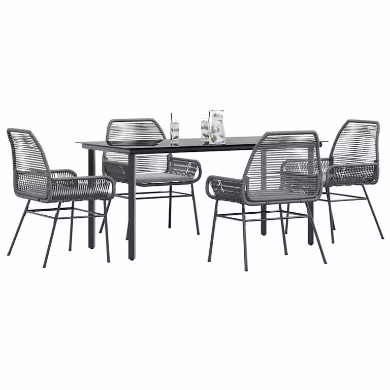 Set da Pranzo da Giardino vidaXL in Polyrattan con Vetro e Cuscini, 5 Pezzi, Grigio e Nero