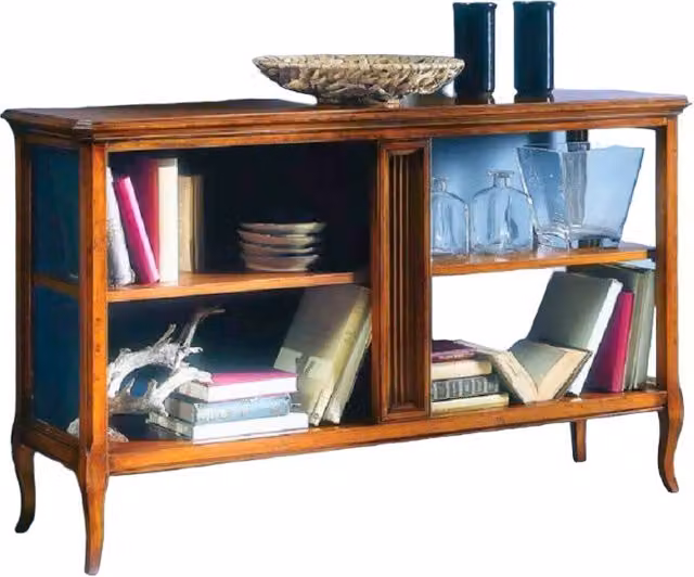 Libreria etagere classica Mobili 2G in legno e vetro marrone con finitura laccata L: 135 cm, P: 40 cm, H: 80 cm