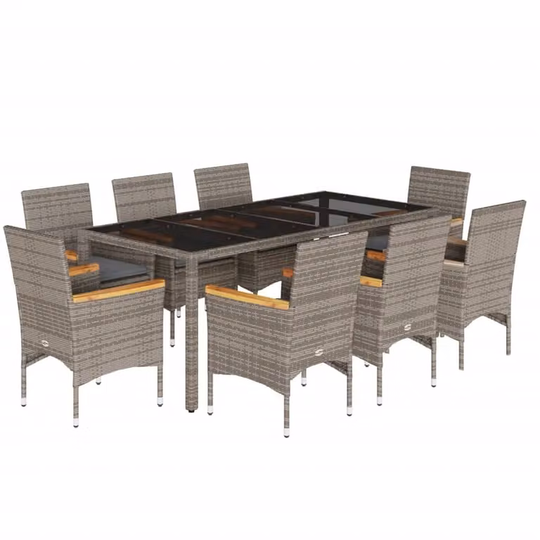 Set da Pranzo da Giardino 9 pz con Cuscini Polyrattan e Vetro