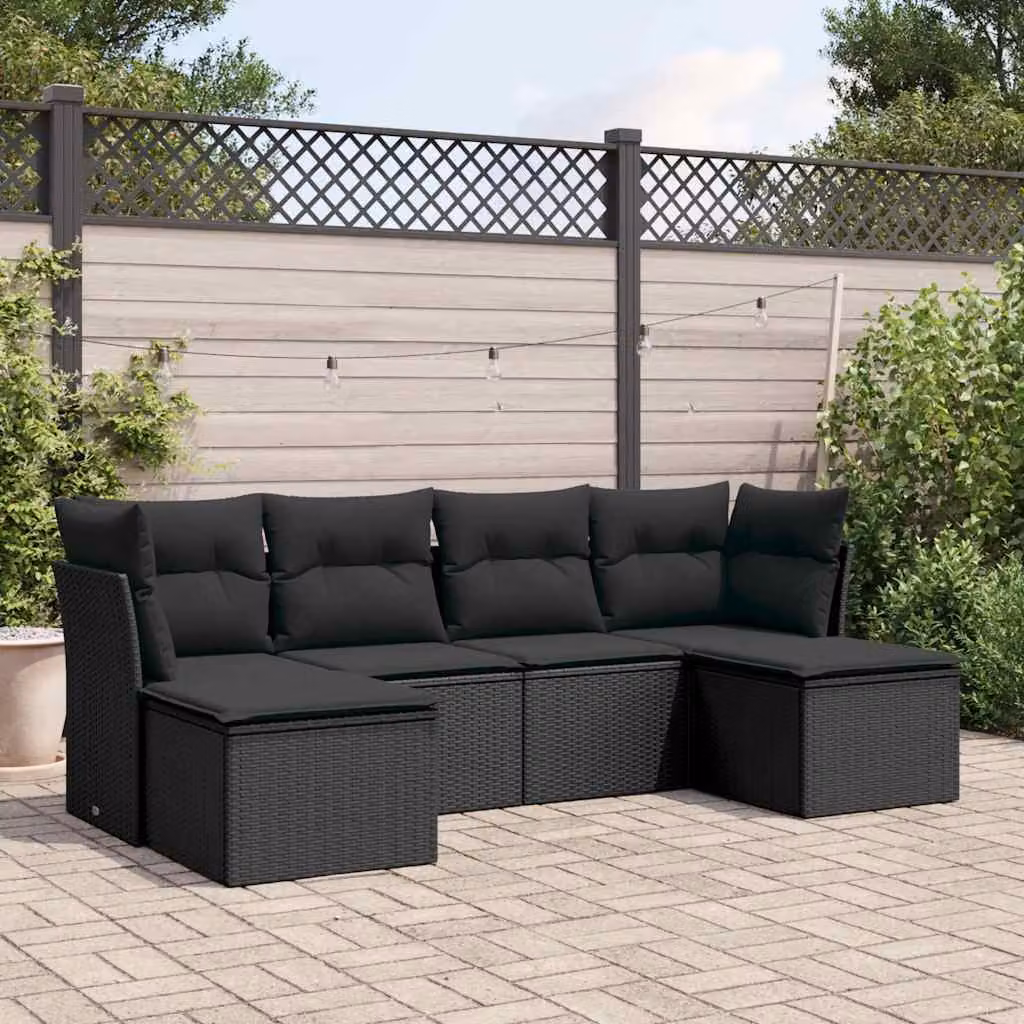 Set Divano da Giardino vidaXL 6 pz in Polyrattan Nero con Cuscini e Ottoman a Forma di L – 1