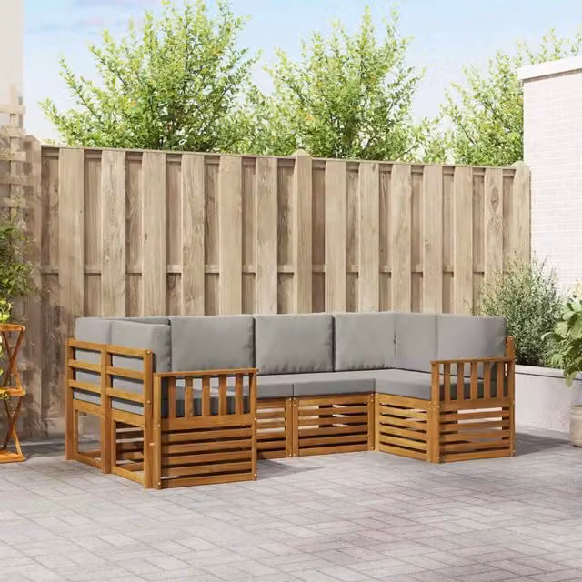 Set di divani da esterno a L vidaXL in legno di acacia con cuscini grigi per giardino e terrazza