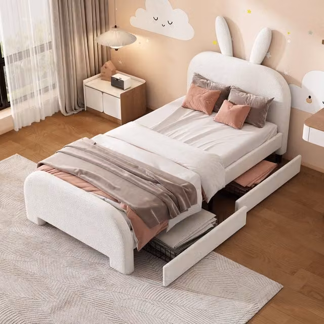 Letto per bambini 90x200 cm con testiera a forma di coniglio, imbottito in lana d'agnello, con due cassetti, colore bianco