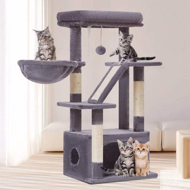 Albero per gatti, 98 cm di altezza, 4 pilastri, 1 piattaforma, 1 tana, cesto, pannello per graffiare, palline di peluche, colore grigio scuro, per uso interno