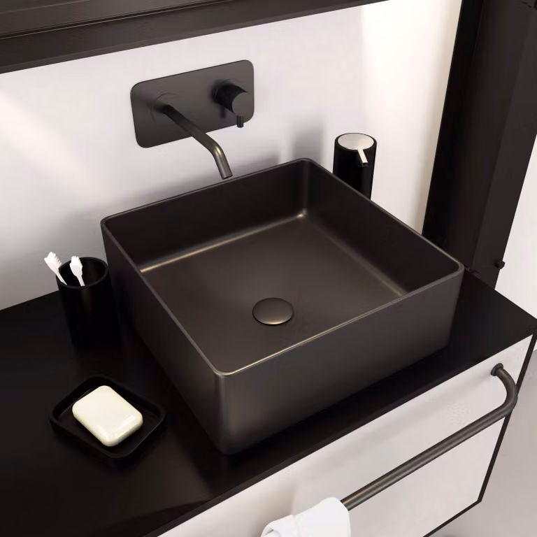 Lavabo da appoggio quadrato, rettangolare, in Vetroceramica, colore nero, dimensioni 36,5 x 36,5 x 10