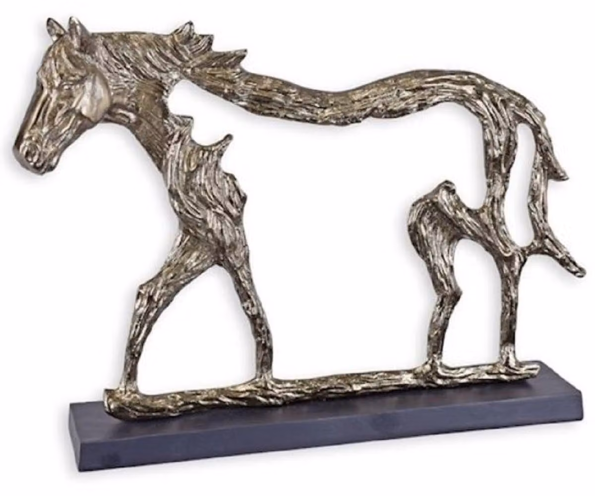 Casa Padrino scultura decorativa in alluminio cavallo argento/grigio 58,7 x 11,5 x h. 43,2 cm - Figura decorativa in alluminio con base in legno - Decorazione soggiorno - Decorazione scrivania