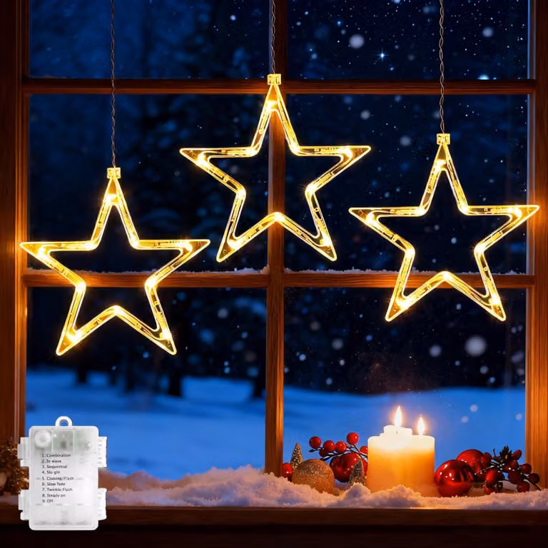 Luci a stella natalizie, set da 3, ideali per decorazioni interne, perfette per finestre, con timer e 8 modalità