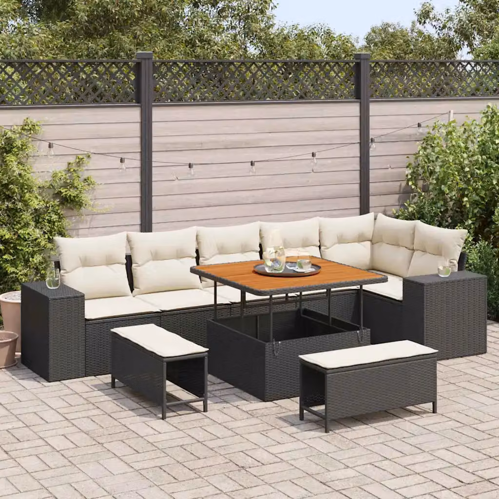 vidaXL Set Divano da Giardino a L con 9 Pezzi, 6 Posti, Nero e Beige con Cuscini e Tavolino da Esterno – 1