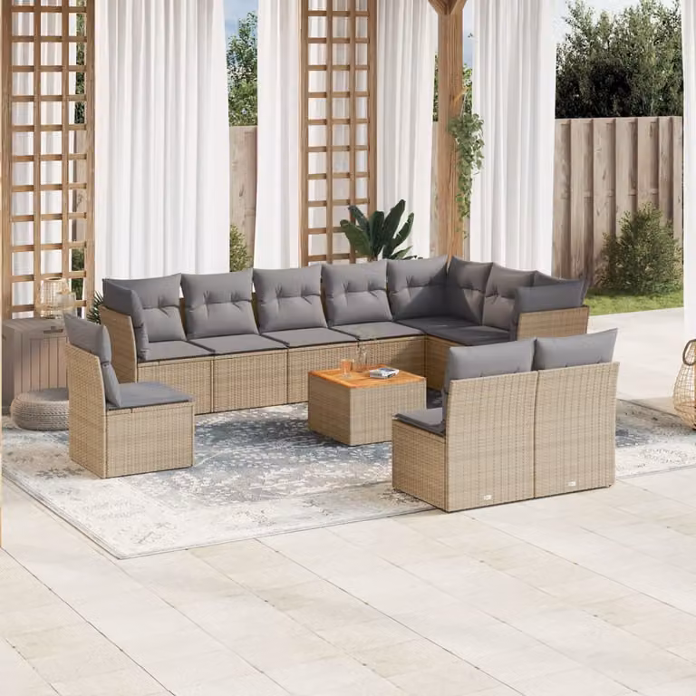 vidaXL Set Divani da Giardino 11 pz in Polyrattan con Cuscini Beige e Tavolino da Esterno