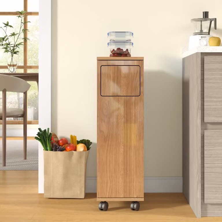 Contenitore per rifiuti, mobiletto per rifiuti da cucina, carrello mobile in legno di gomma naturale, con ruote bianche, dimensioni 24,2 x 35,1 x 80,2 cm