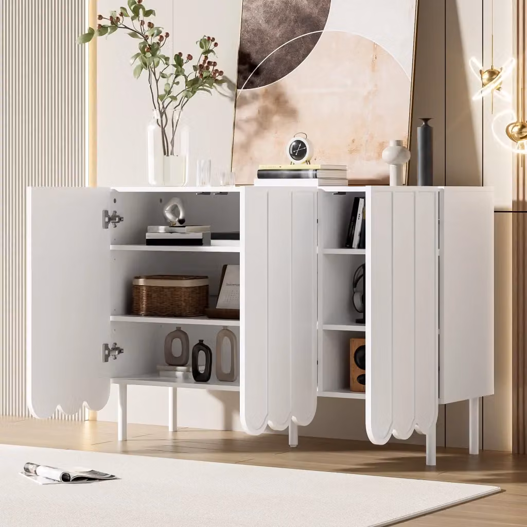 Credenza moderna bianca con ante ondulate in MDF e dettagli in metallo per soggiorno, sala da pranzo o ufficio, L 120 cm x P 35 cm x H 80 cm – 2