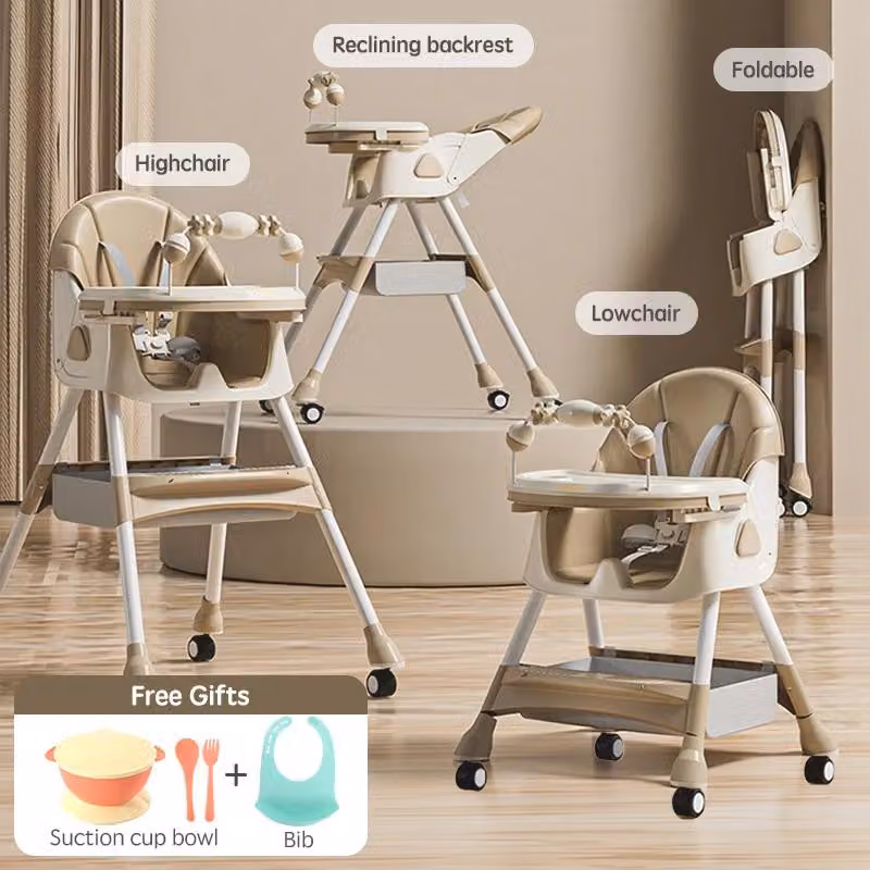 Seggiolino per bambini - Alza sedia pieghevole per l'alimentazione - Reclinabile e regolabile in altezza - Con ruote - Struttura in metallo - Adatto per bambini da 1 a 2 anni - Colore kaki