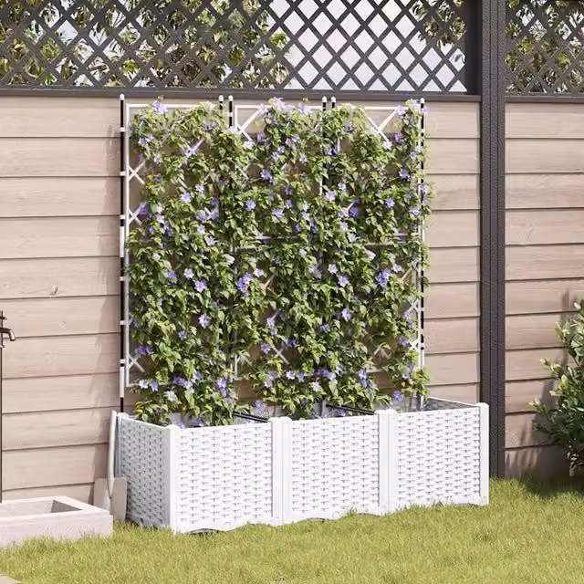 Set di 3 fioriere da esterno con trellis vidaXL in acciaio, colore bianco, L 120 x P 40 x H 143 cm – 1