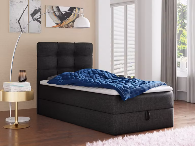Letto boxspring Best Mini con contenitore e coprimaterasso - Letto singolo con materasso Bonell e coprimaterasso, letto imbottito, letto, camera da letto (Nero (Inari 100), 100 x 200 cm)