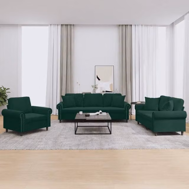 Set di divani 3 pezzi vidaXL in velluto verde con cuscini per soggiorno moderno – 1