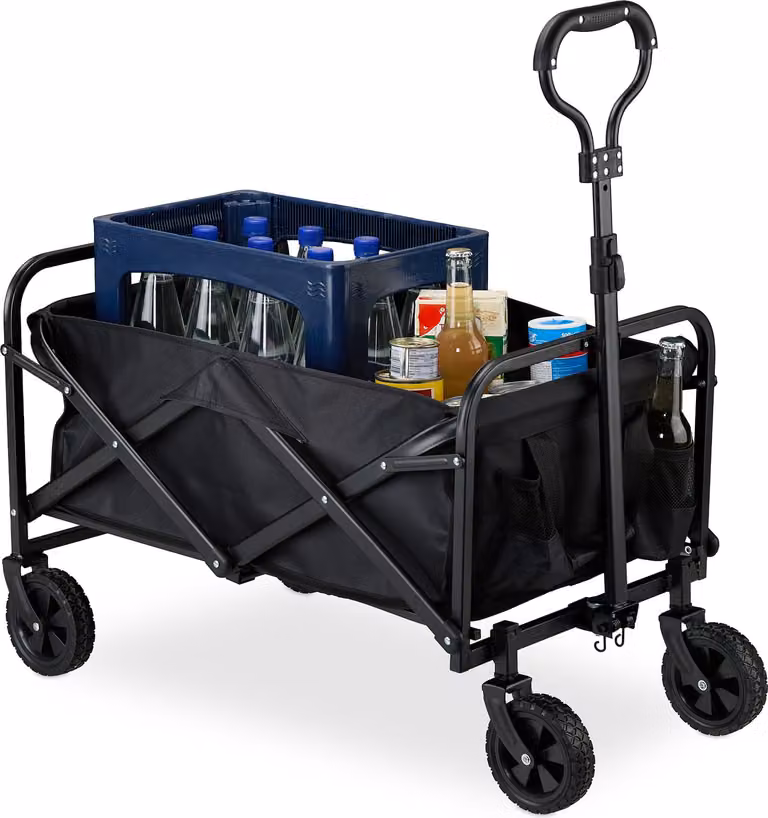 Carretto da trasporto Relaxdays, pieghevole, 100 kg, manico telescopico, ruote in gomma, carrello per la spesa, campeggio, spiaggia, nero