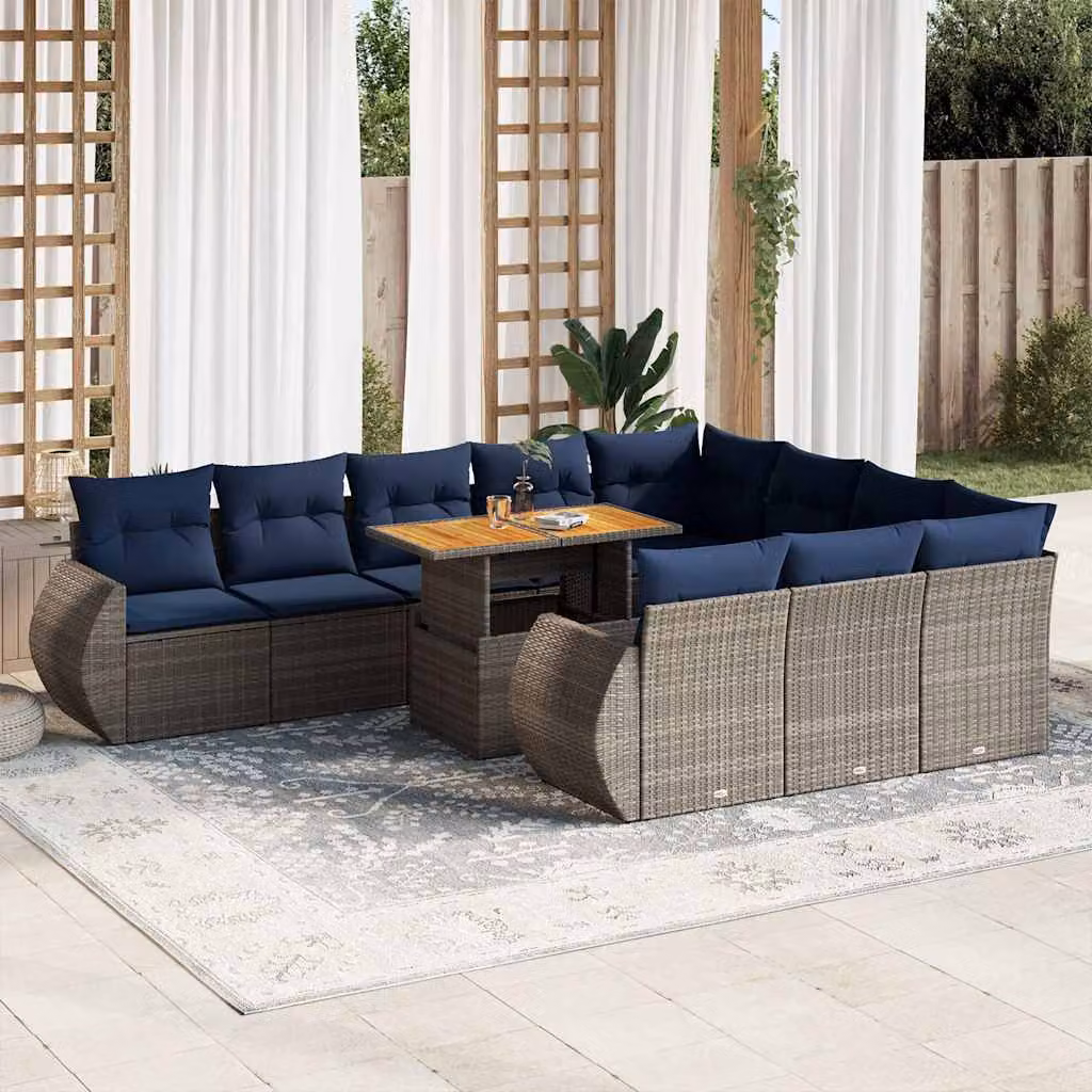 Set di divani da giardino vidaXL 11 pezzi con cuscini in polyrattan e legno di acacia oliato, colore grigio e blu