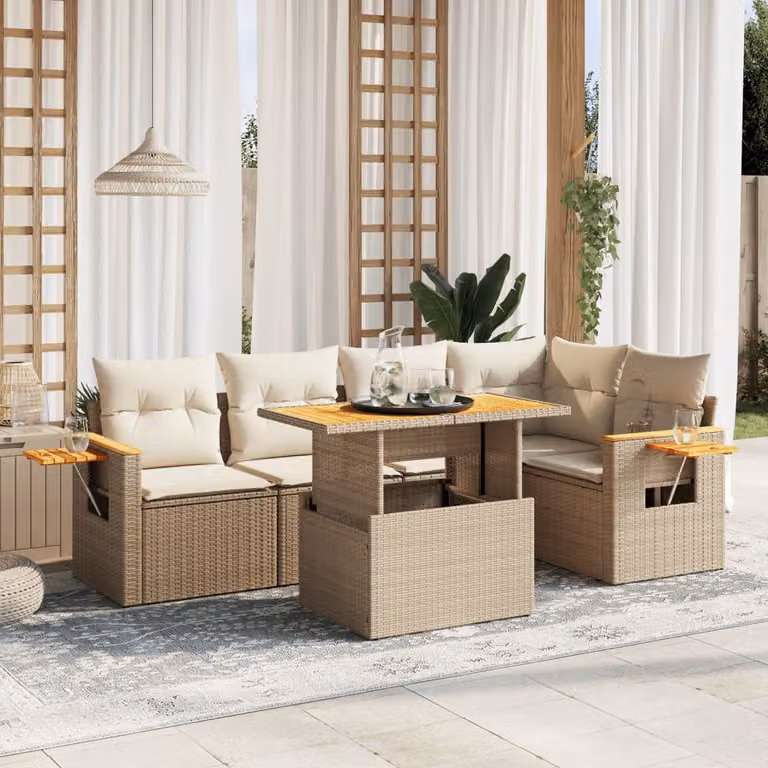 vidaXL Set Divano da Giardino 6 pz in Polyrattan con Cuscini Beige e Tavolino da Esterno