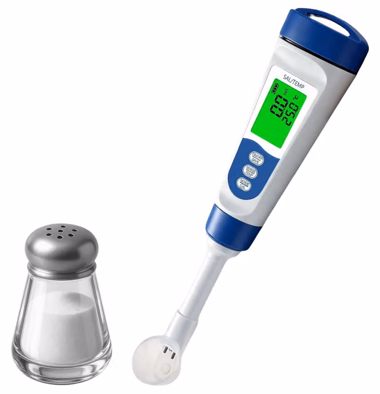Misuratore digitale di salinità con indicazione della temperatura, impermeabile, range di misurazione: 0,01-10%