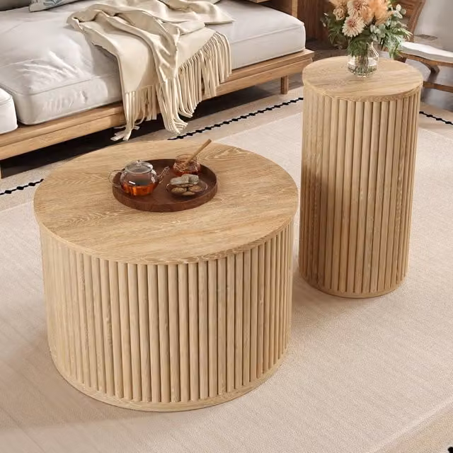 Set di 2 tavolini bassi rotondi MIVRAY in MDF con motivo a righe verticali 3D, colore beige e marrone per soggiorno