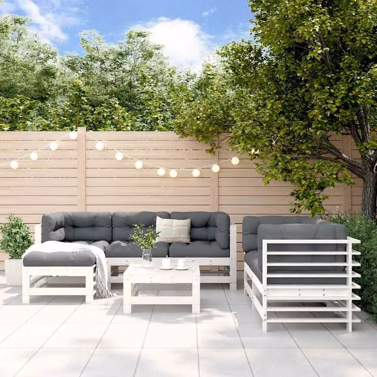 vidaXL Set Salotto da Giardino 7 pz in Legno di Pino Bianco con Cuscini e Design a L