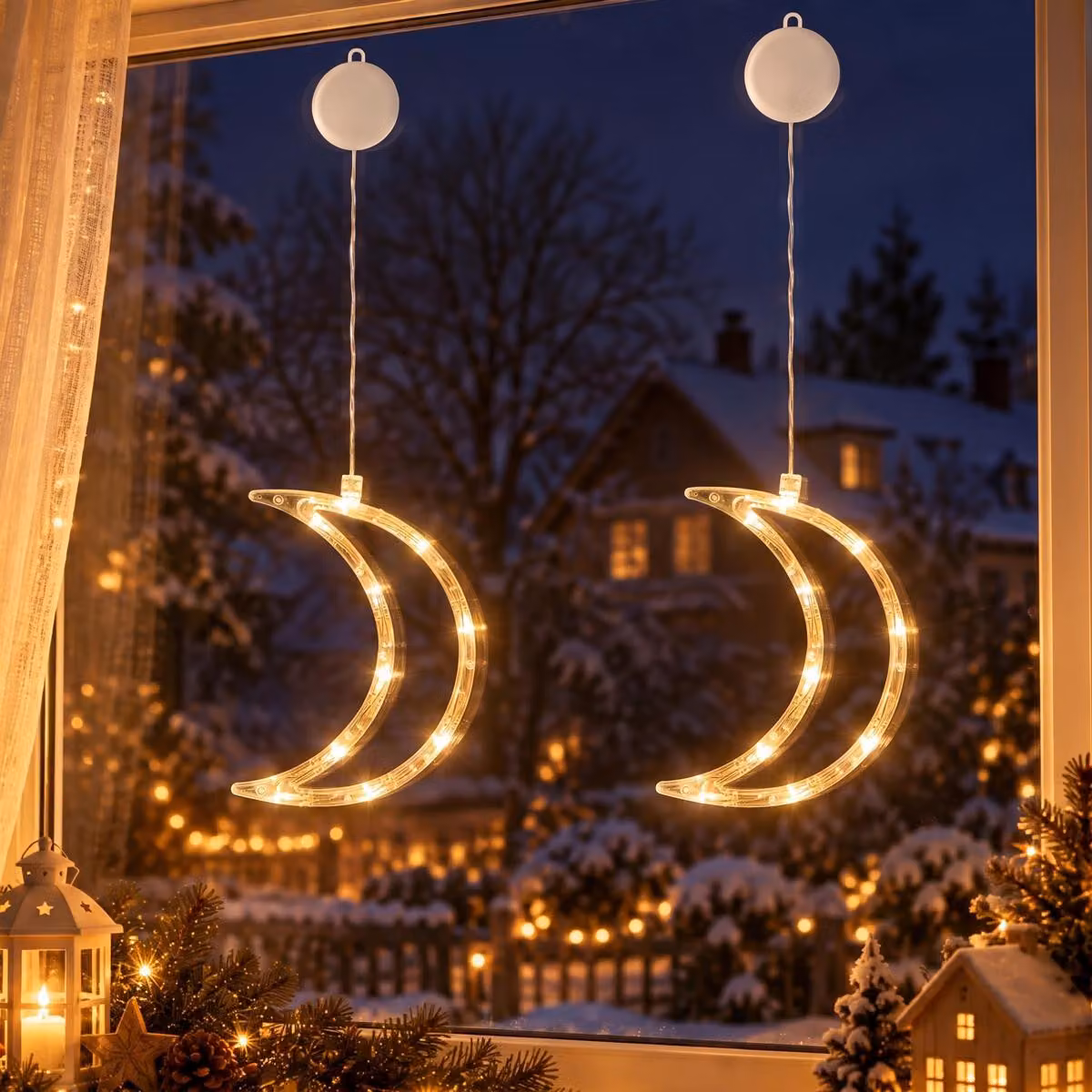 2-pack LED finestra fata luci con gancio di aspirazione a batteria decorazione di Natale festa decorazione, luna